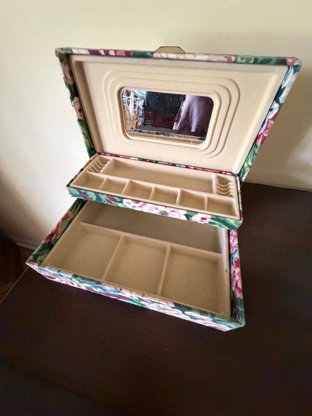 Vintage 80s Floral Fabric Two Tier Jewelry Box Case w/Mirror 10.5